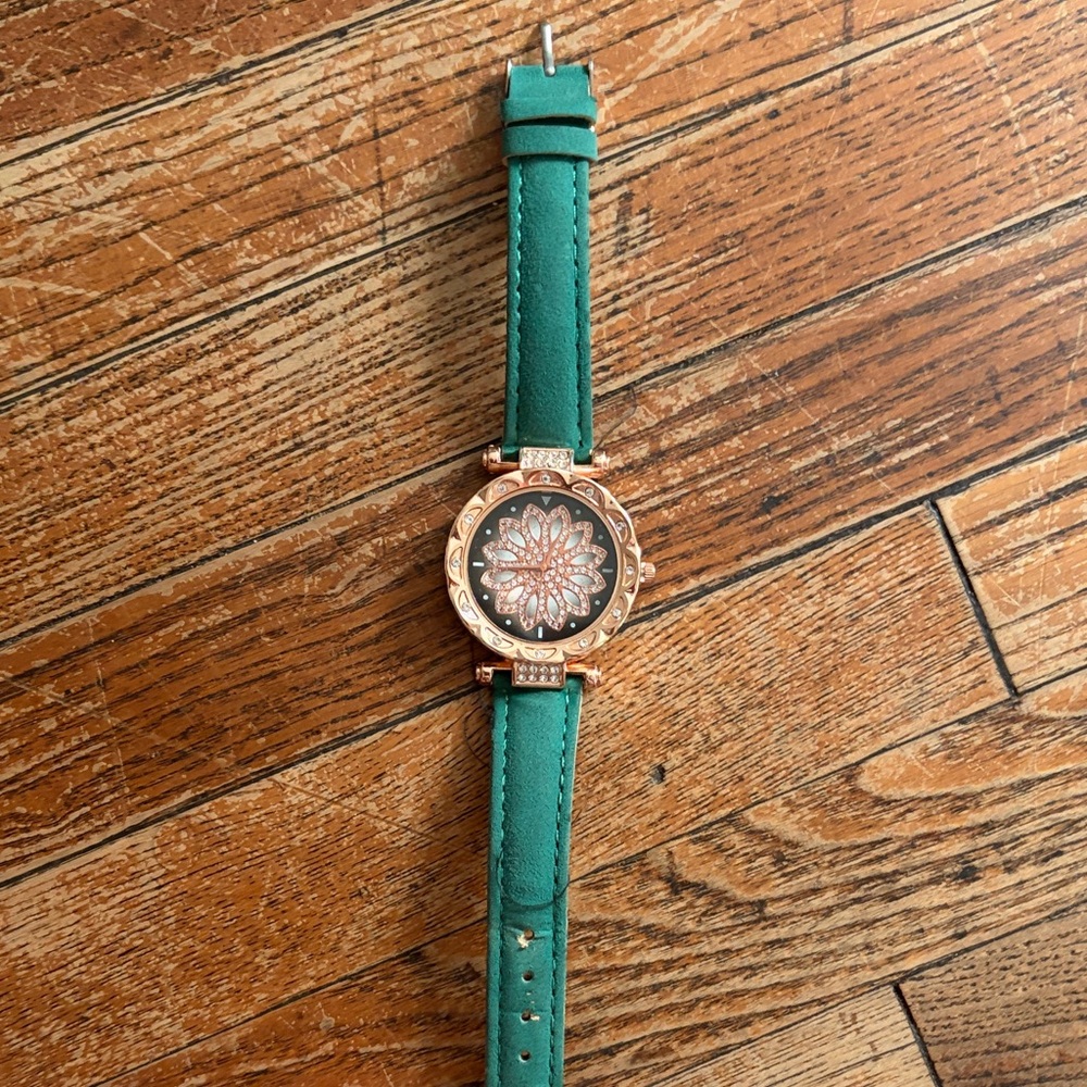 Green Leather Strap Watch with Rose Gold Floral Dial